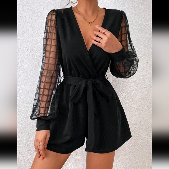 Plaid Mesh Lantern Sleeve Overlap Collar Belted Romper - Picture 5 of 5